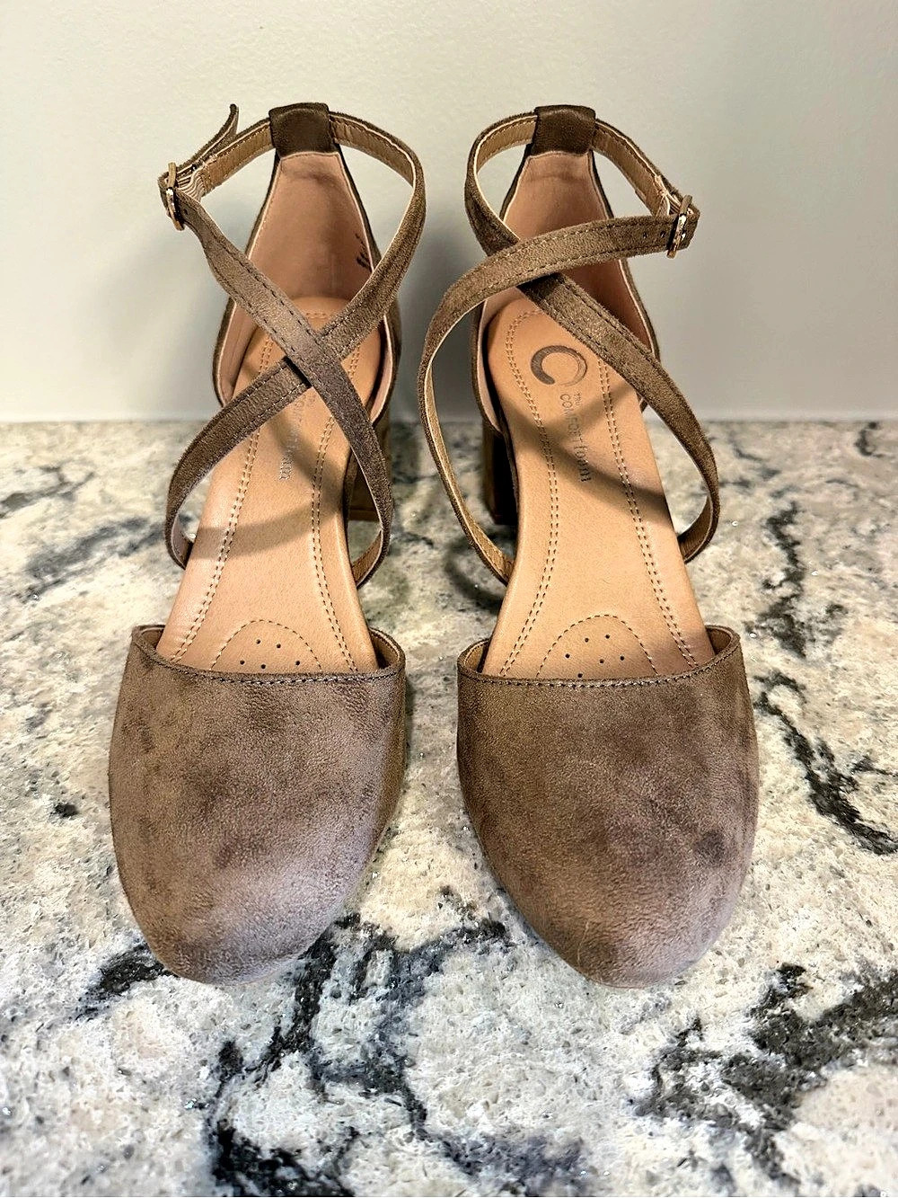 Comfortfoam Suede-Look Block 2.5” Heel Pumps in Taupe. Size 7